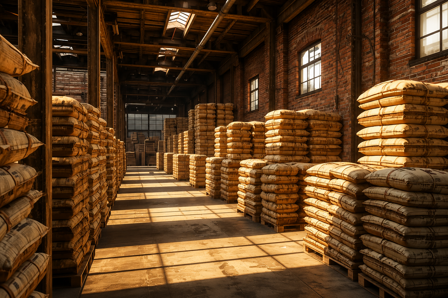 Coffee warehouse with stacked burlap bags for wholesale coffee storage