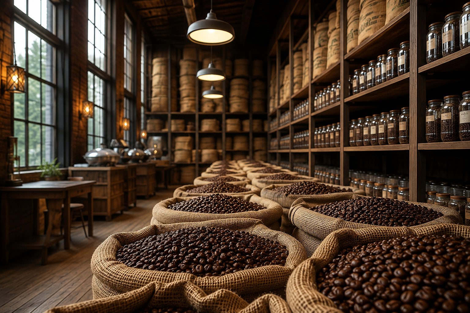 Coffee warehouse with sacks of roasted coffee beans and storage shelves