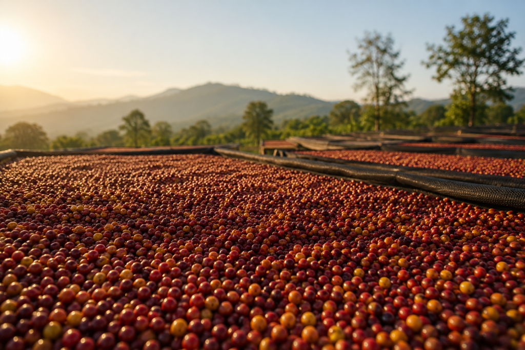 Natural coffee processing method with coffee cherries drying under sunlight on raised beds.