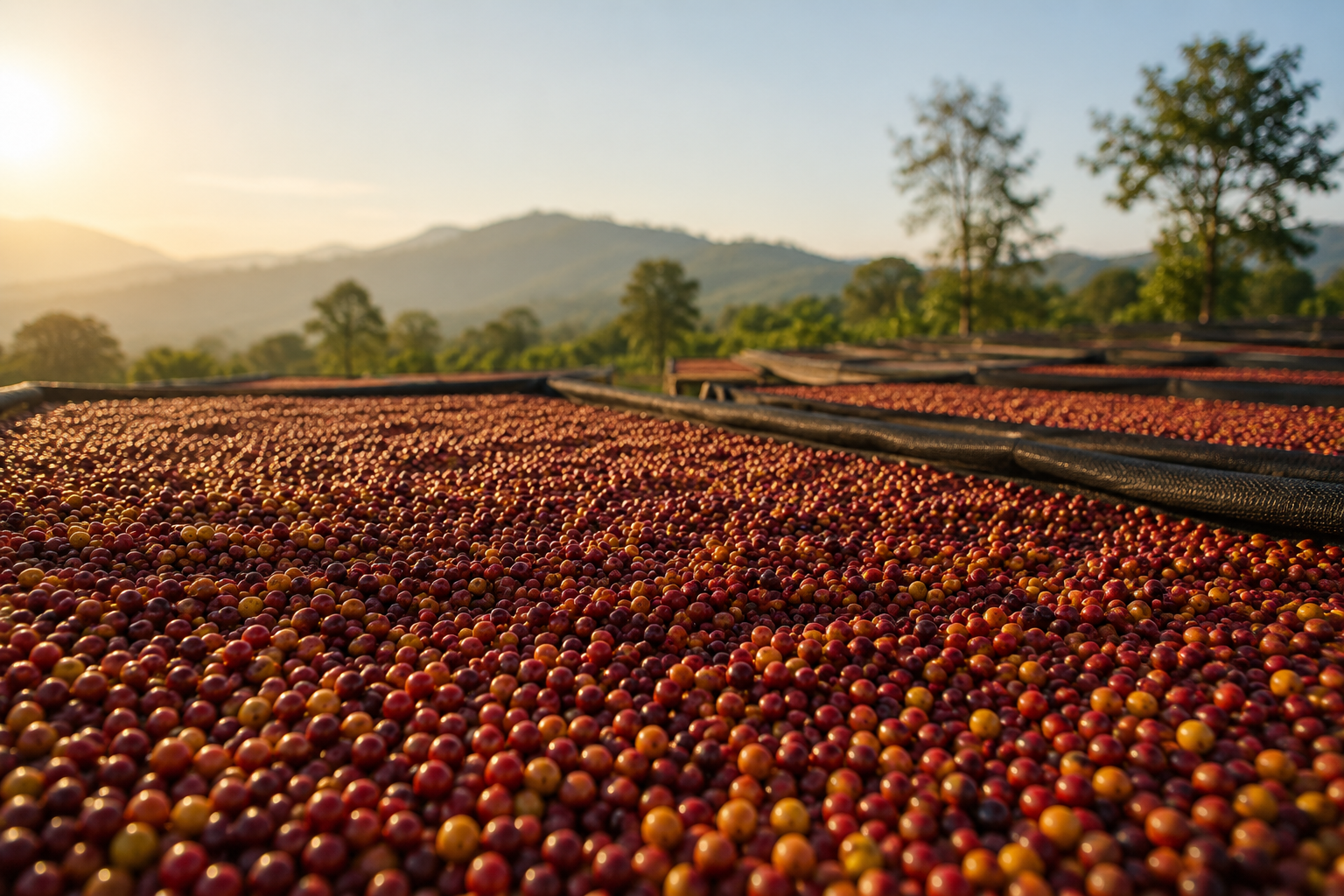 Natural coffee processing method with coffee cherries drying under sunlight on raised beds.