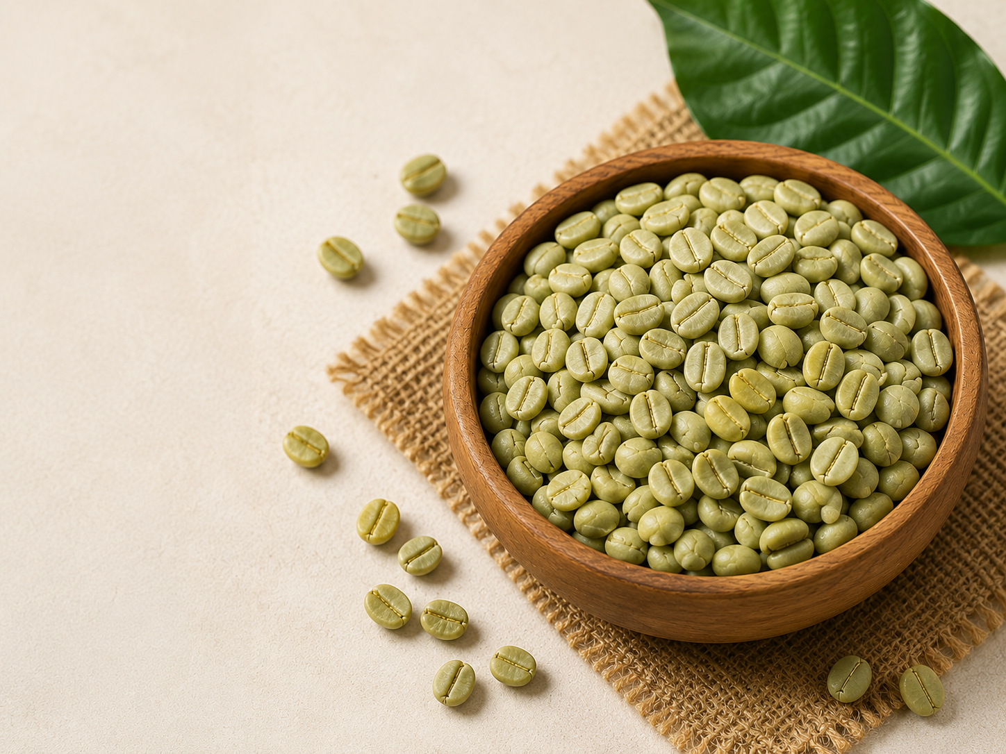 Premium Indian Green Coffee Beans in a wooden bowl for wholesale supply.