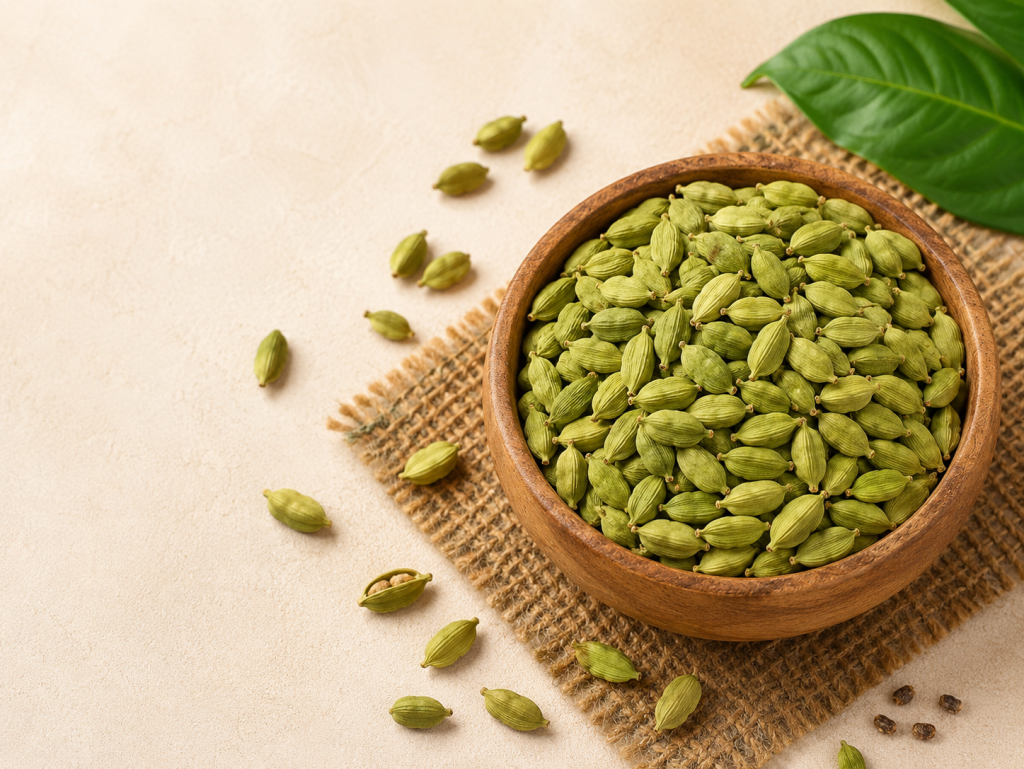 Premium Indian Green Cardamom in Wooden Bowl