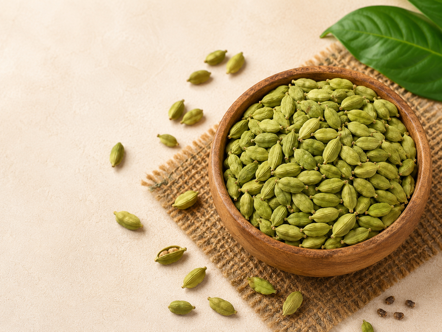 Premium Indian Green Cardamom in Wooden Bowl